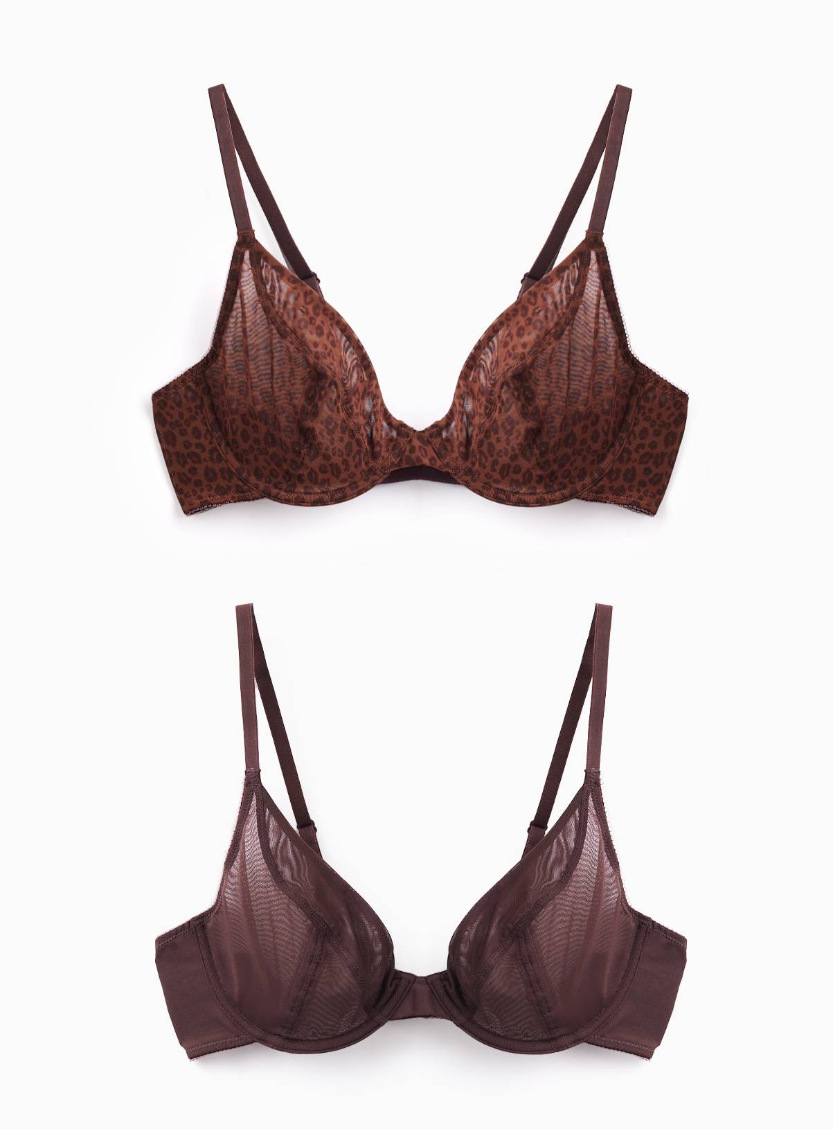 Dark Brown Leopard Mesh Plunge Bras 2 Pack  34E - Image 1